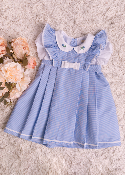 Vestido Bebê List Azul Claro Babado c/ Viés