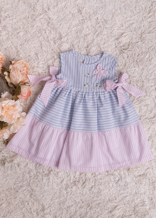 Vestido Bebê List Azul Claro e Rosa