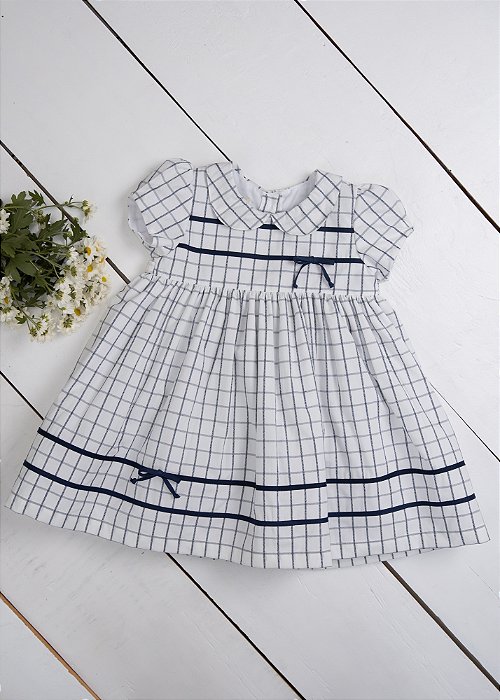 Vestido Bebê Off Quadriculado com Viés Marinho