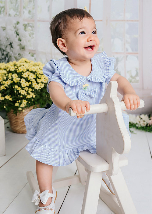 Vestido Bebê Xadrez Composê Rococó de Flor Amarela