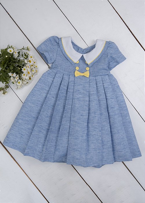 Vestido Infantil  Azul Mescla Com Detalhes Amarelos