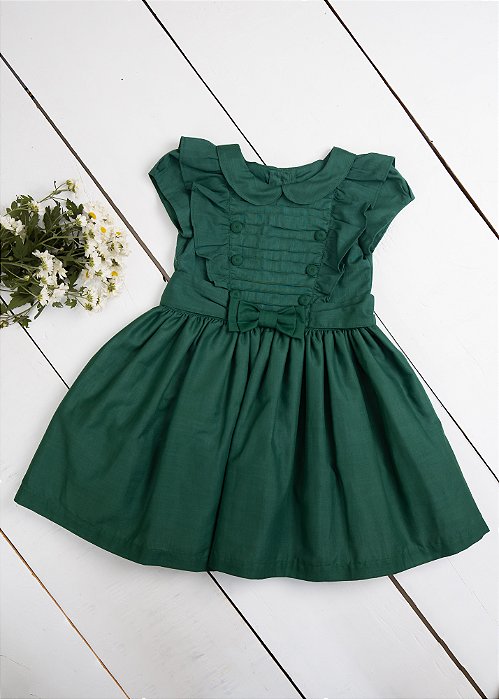 Vestido Infantil Babado Nervuras e Botões Verde