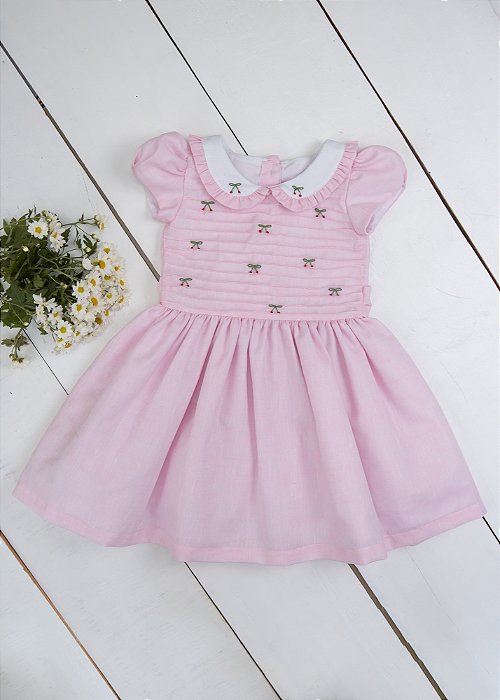 Vestido Infantil Bordado Cerejinha Rococo Rosa