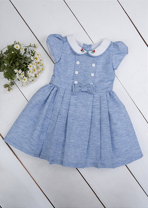 Vestido Infantil Botões Brancos Azul Mescla