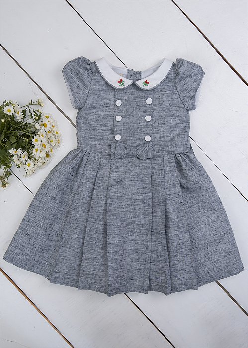 Vestido Infantil Botões Brancos Cinza Mescla