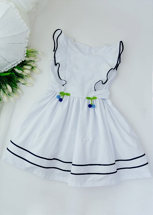 Vestido Infantil Branco com Vivo Marinho