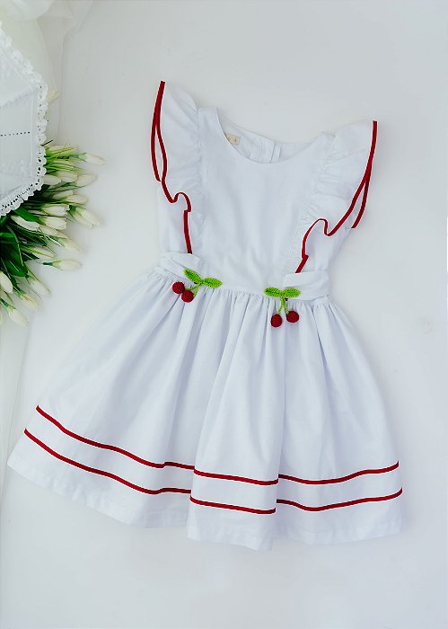 Vestido Infantil Branco com Vivo Vermelho