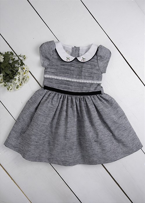 Vestido Infantil Fita de Veludo Preto Cinza Mescla