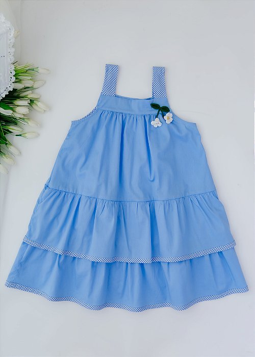 Vestido Infantil Linha A Azul Claro Com Detalhe Xadrez
