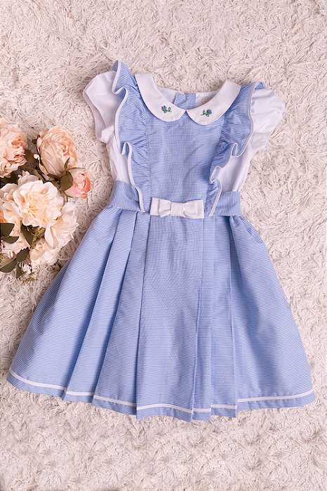 Vestido Infantil List Azul Claro Babado c/ Viés