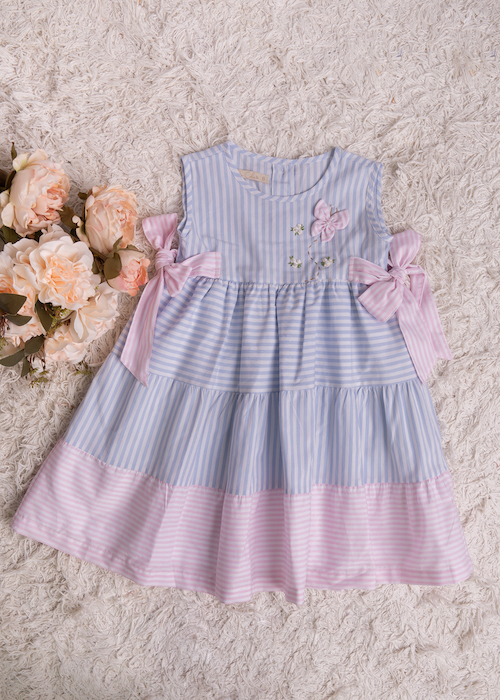Vestido Infantil List Azul Claro e Rosa