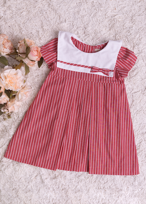 Vestido Infantil List Gola Quadrada Vermelha