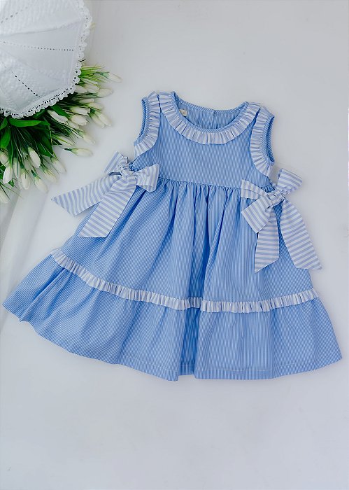 Vestido Infantil Listrado Azul Laços Laterais