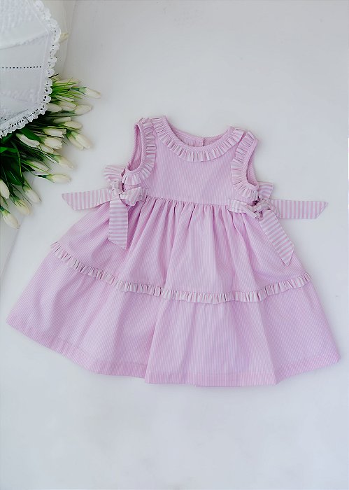 Vestido Infantil Listrado Rosa Laços Laterais