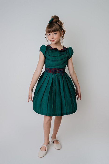 Vestido Infantil Verde com Palla e Gola Xadrez