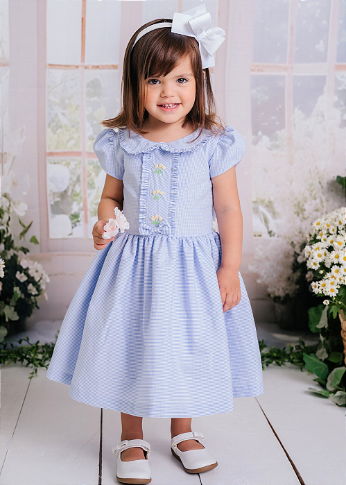 Vestido Infantil Xadrez Composê Rococó de Flor Amarela