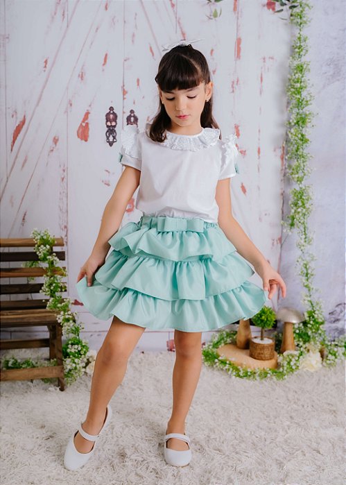 Conjunto Infantil Saia Tafeta e Camisa Branca Verde Maçã