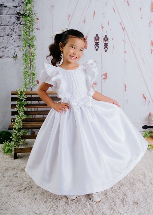 Vestido Bebê Tafeta Tradicional Babados e Costas Fechadas Branco