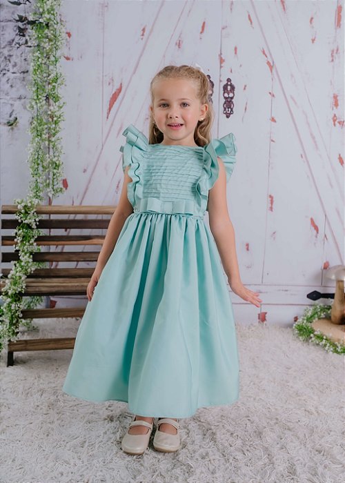 Vestido Bebê Tafeta Tradicional Babados e Costas Fechadas Verde Maçã