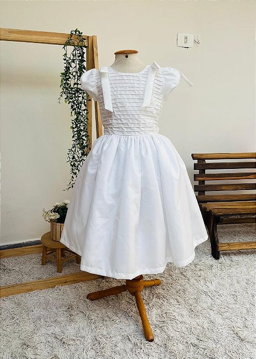 Vestido Infantil Tafeta Frente Nervuras Finas Branco Laço no Ombro