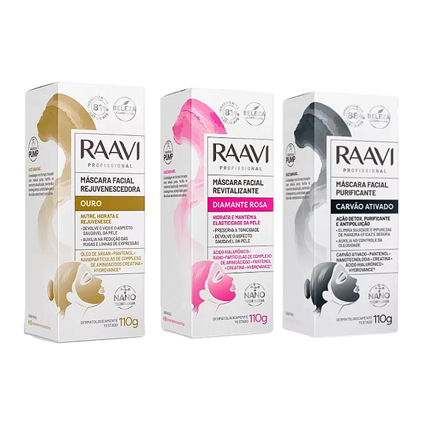 Kit Máscaras Faciais Revitaliza Rejuvenesce Purifica Raavi