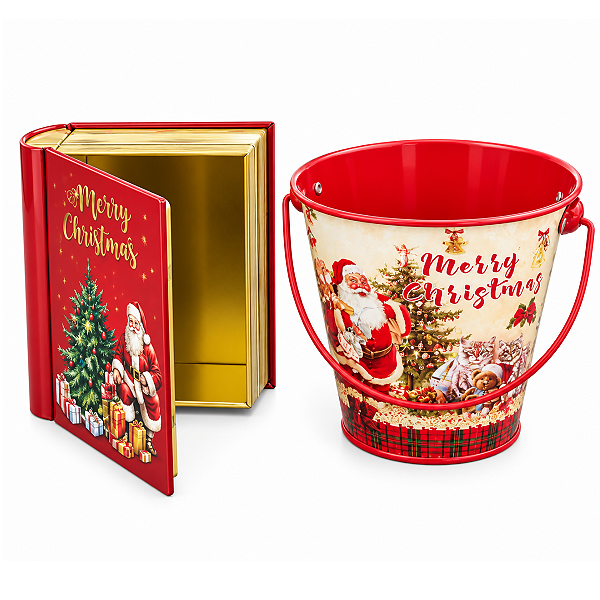 Kit Lata Livro Natalina e Balde de Natal Metálicos