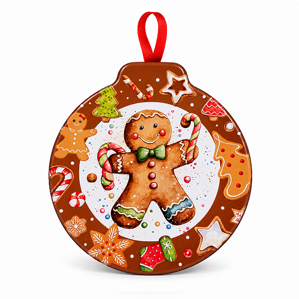 Lata Metal Bola de Natal Achatada Biscoito Gengibre 11x12cm