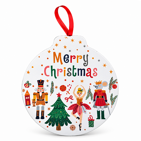 Lata Metal Bola de Natal Achatada Merry Christmas Branco 11x12cm