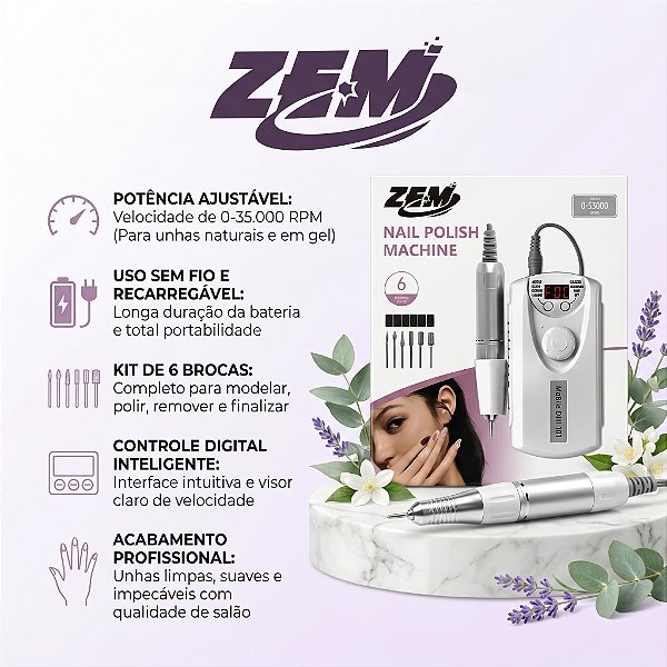 MOTOR PORTATIL RECARREGAVEL ZEM 35.000RPM PROFISSIONAL PARA UNHAS