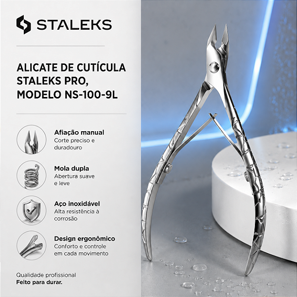 ALICATE DE CUTÍCULA STALEKS PRO, MODELO NS-100-9L, LÂMINAS DE AÇO INOXIDÁVEL, ERGONOMIA PROFISSIONAL