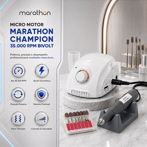MICRO MOTOR MARATHON CHAMPION PROFISSIONAL 35.000 RPM BIVOLT PARA NAIL DESIGN E PODOLOGIA