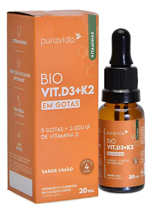 Vitamina D3 + K2 Puravida Gotas 20ml Limão 5 gotas = 2mil ui rende 120 doses