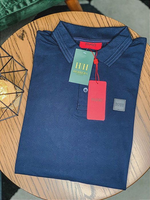Camisa Polo Hugo Boss Masculina Custom Fit Preto Petroleo Logo Preto