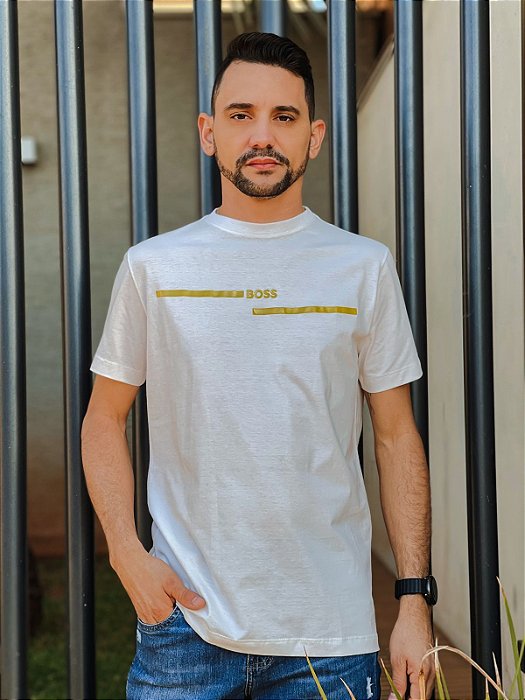 Camiseta Hugo Boss Off White Faixas Duplas