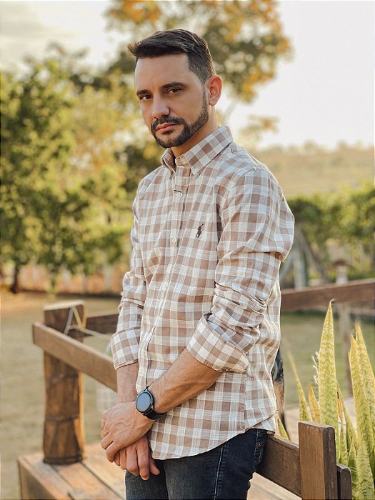 Camisa Ralph Lauren Linho Tricolor Marrom Branca Pony Marrom