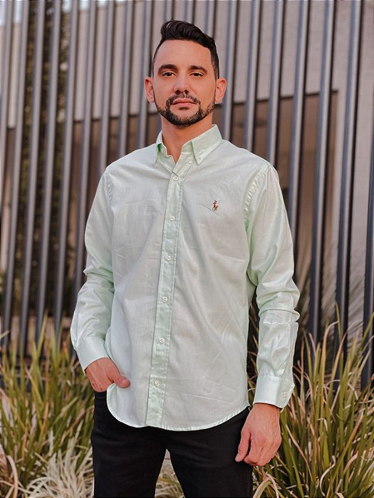 Camisa Ralph Lauren Manga Longa Oxford Verde Menta Pony Colorido