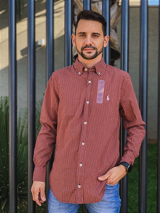 Camisa Ralph Lauren Masculina Custom Fit Micro Xadrez Laranja Old Pony Branco