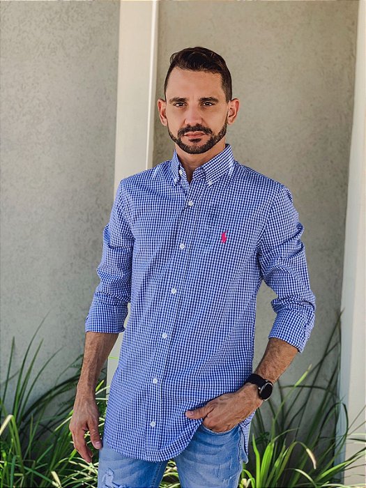 Camisa Ralph Lauren Masculina Manga Longa Custom Fit Micro Xadrez Azul Royal Pony Pink