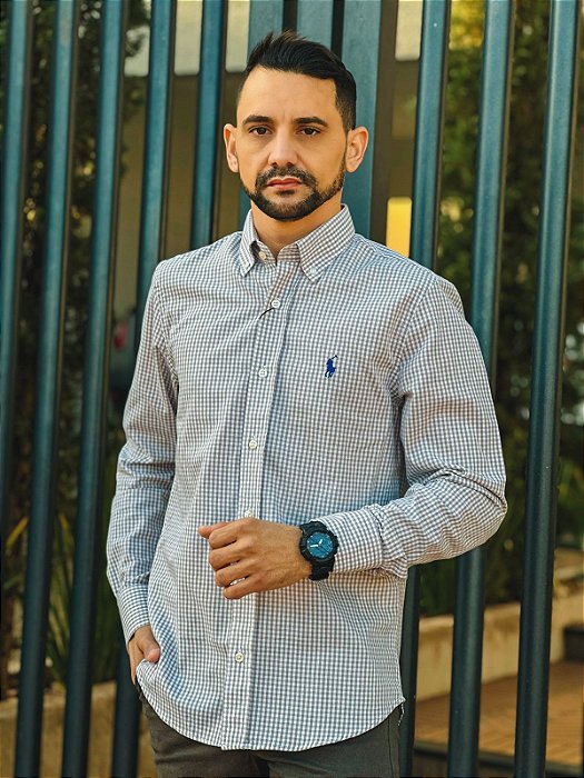 Camisa Ralph Lauren Masculina Manga Longa Custom Fit Micro Xadrez Concreto Pony Azul