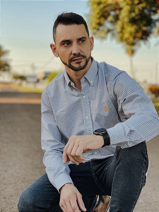 Camisa Ralph Lauren Masculina Manga Longa Custom Fit Micro Xadrez Concreto Pony Laranja