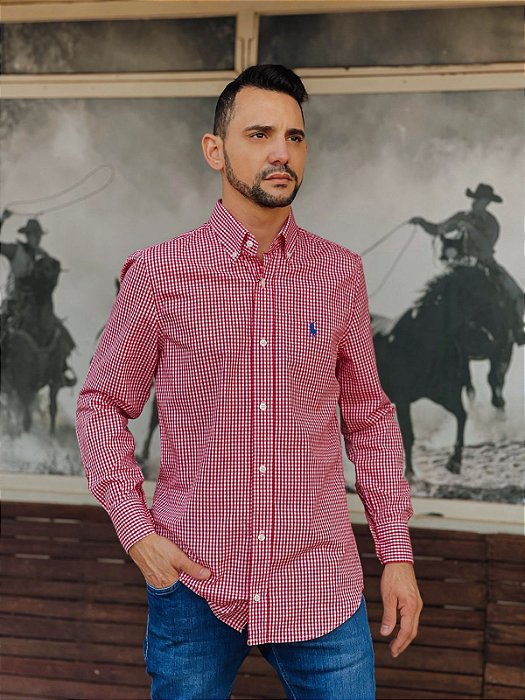 Camisa Ralph Lauren Masculina Manga Longa Custom Fit Micro Xadrez Vermelha  Pony Azul