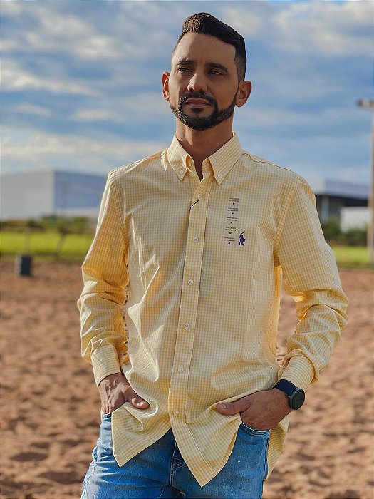 Camisa Ralph Lauren Micro Xadrez Amarela Pony Roxo
