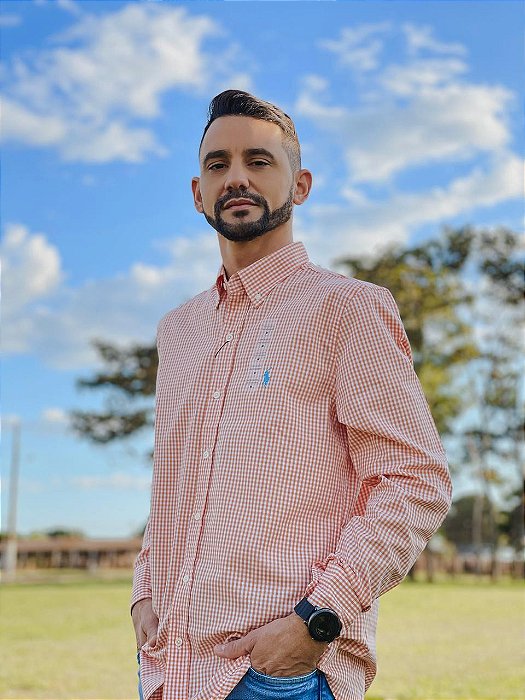 Camisa Ralph Lauren Manga Longa Micro Xadrez Laranja Pony Azul