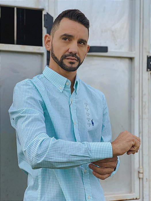Camisa Ralph Lauren Manga Longa Micro Xadrez Verde Água Pony Azul