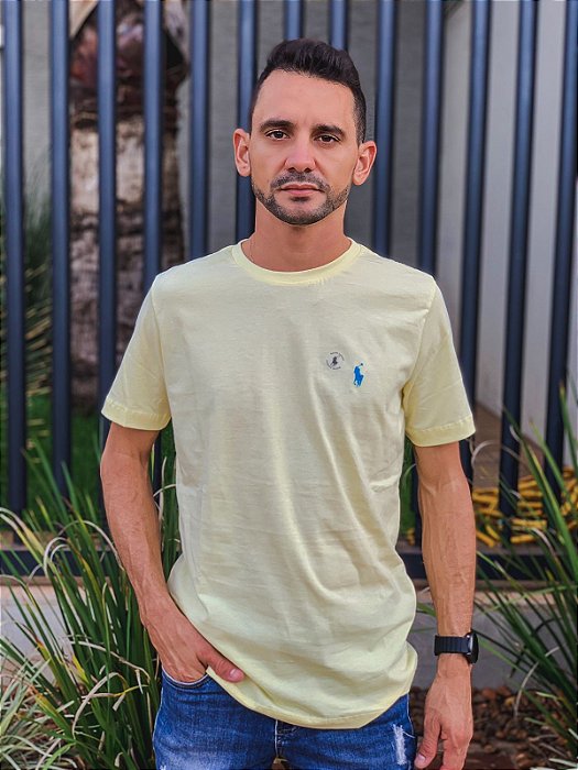 Camiseta Ralph Lauren Masculina Custom Slim Fit Amarelo Bebê Pony Azul