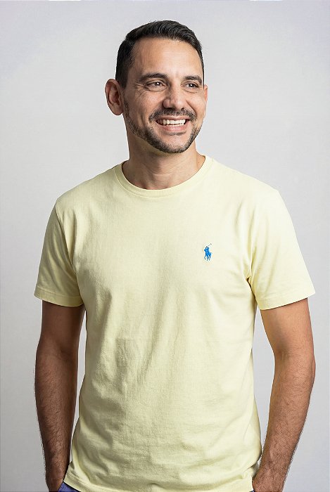 Camiseta Ralph Lauren Masculina Custom Slim Fit Amarelo Bebê Pony Azul