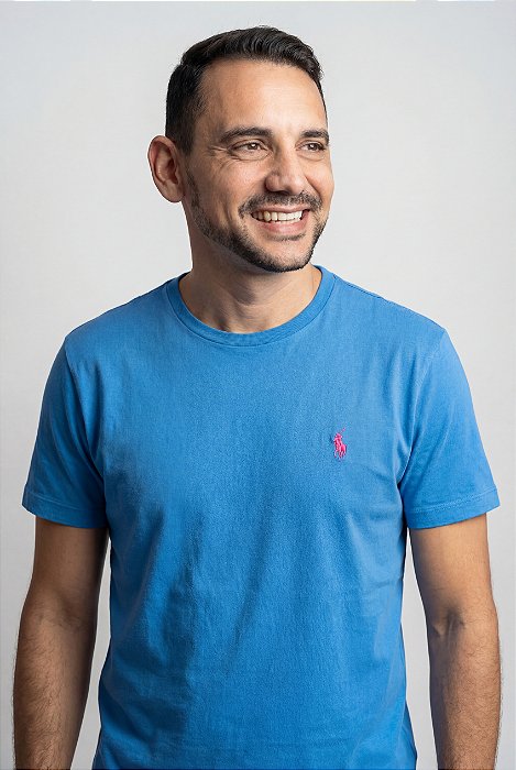 Camiseta Ralph Lauren Masculina Custom Slim Fit Azul Infinity Pony Rosa
