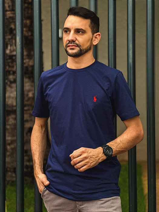 Camiseta Ralph Lauren Masculina Custom Slim Fit Azul Marinho Pony Vermelho