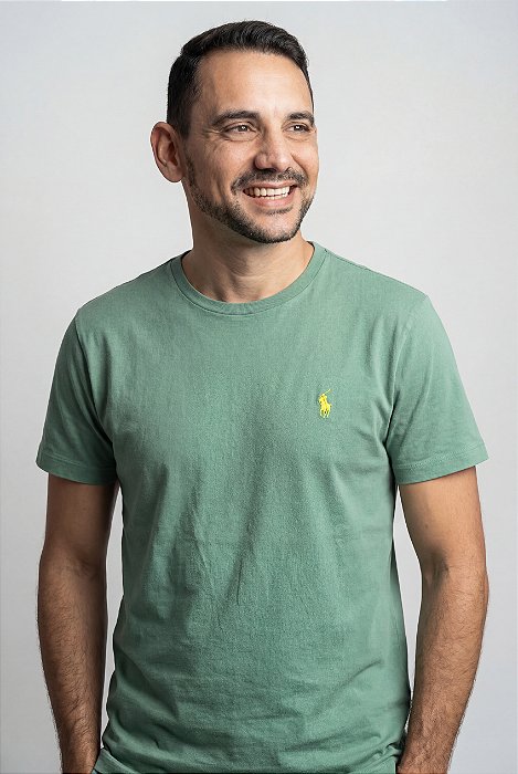 Camiseta Ralph Lauren Masculina Custom Slim Fit Picadily Verde Pony Amarelo