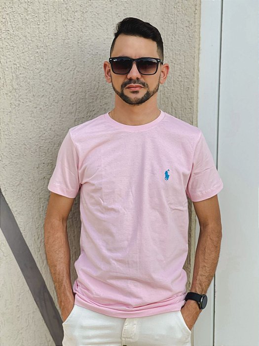 Camiseta Ralph Lauren Masculina Custom Slim Fit Rosa Bebê Pony Azul